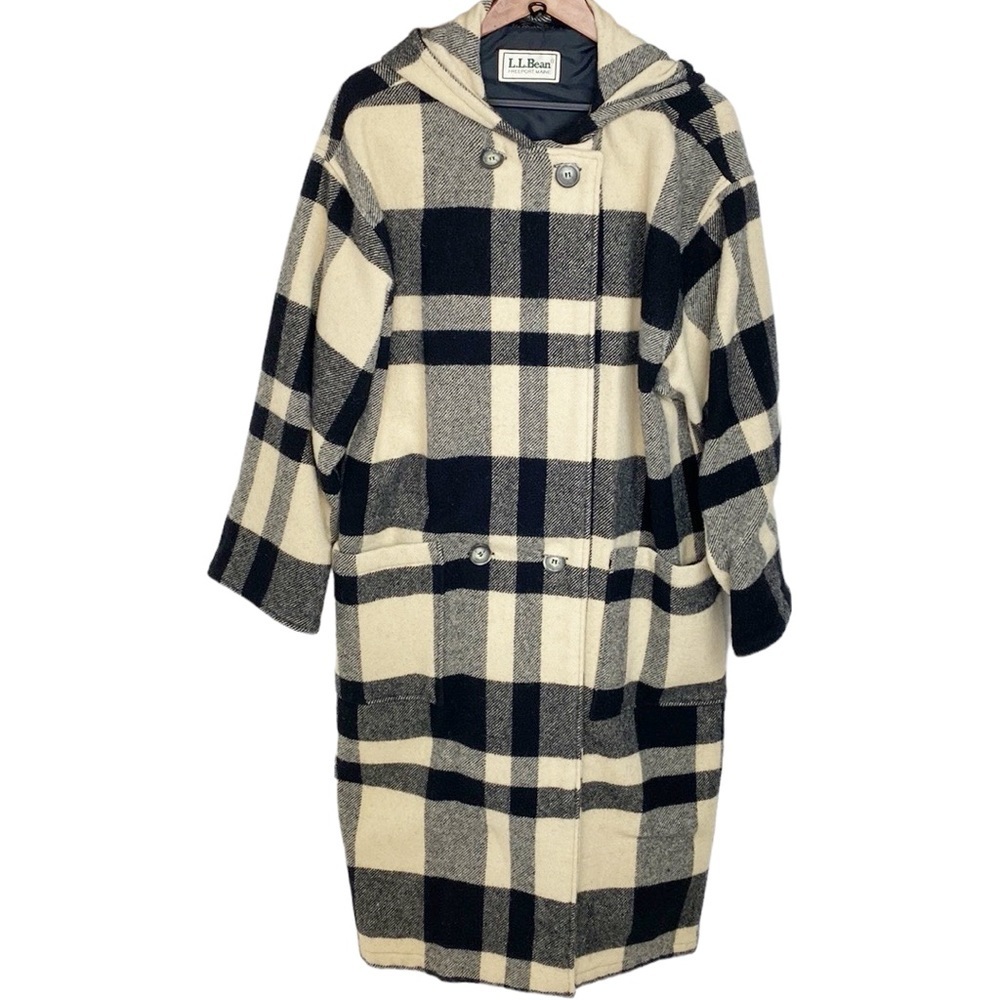 LL Bean Vintage Long Plaid Wool Blanket Coat Black and Cream Hooded
